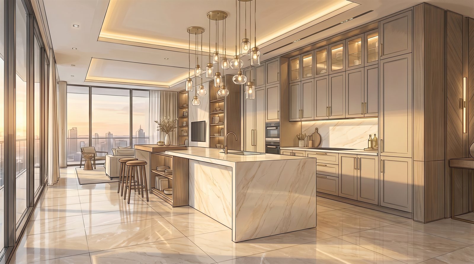 Bespoke custom kitchen by Aurewood Designs — cream marble waterfall island, a cluster of brass pendant lights and timber cabinetry with glass-front display units