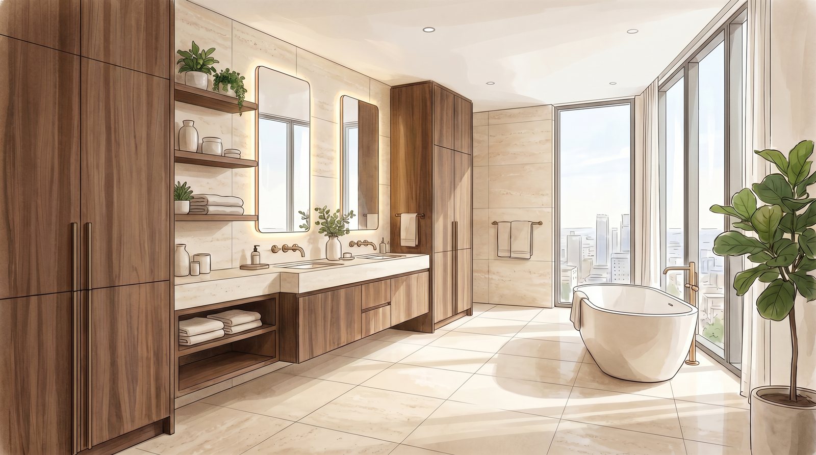 Bespoke bathroom vanity by Aurewood Designs — floating walnut double vanity with a stone top, backlit mirrors, open shelving and a freestanding tub