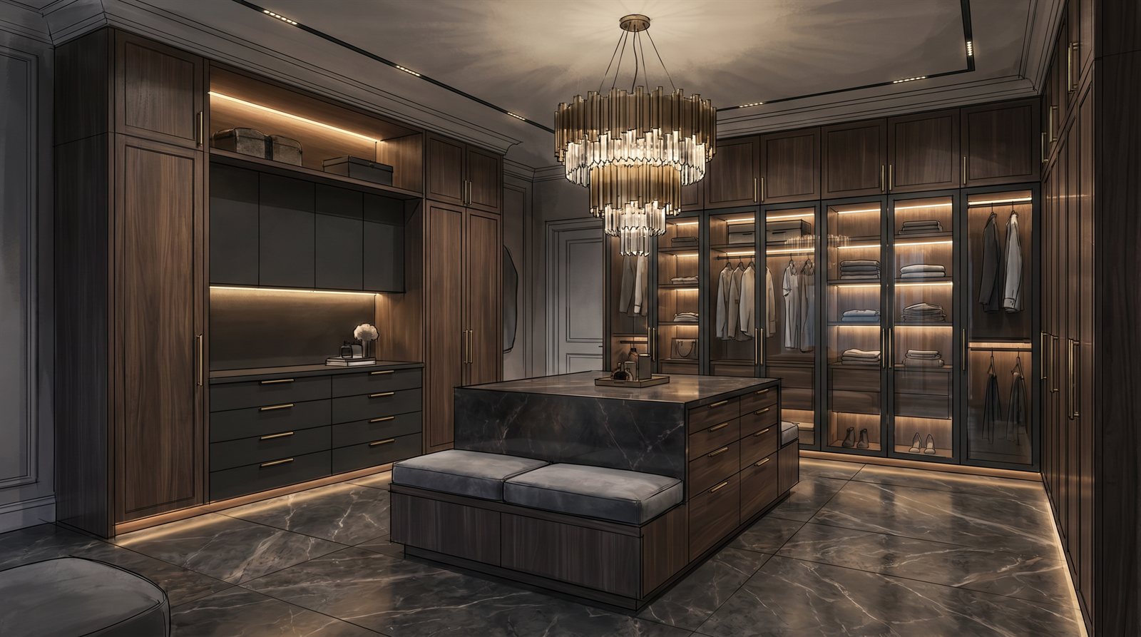 Bespoke walk-in wardrobe by Aurewood Designs — walnut cabinetry with glass-front, LED-lit display sections, a stone-topped dressing island and integrated seating